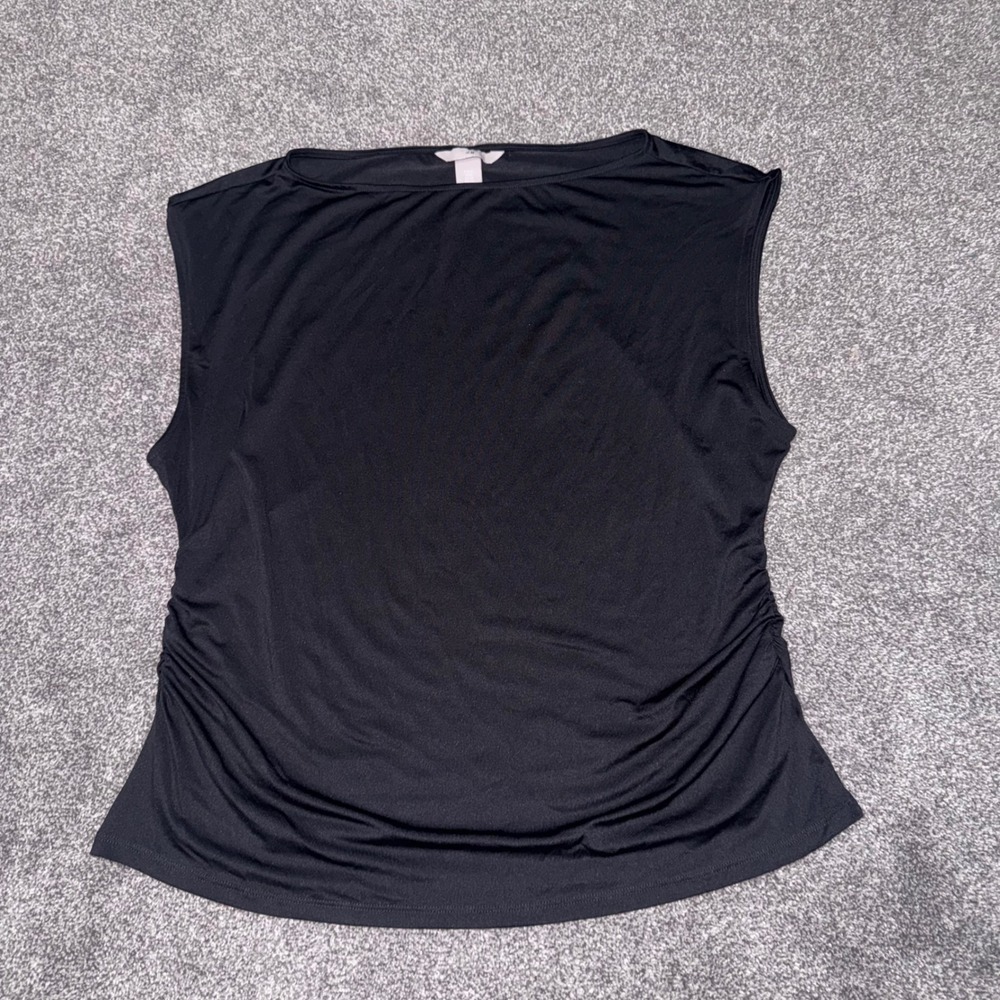 H&M Women's Black Sleeveless Boatneck Blouse w/ Ruched Side Seams Size XL